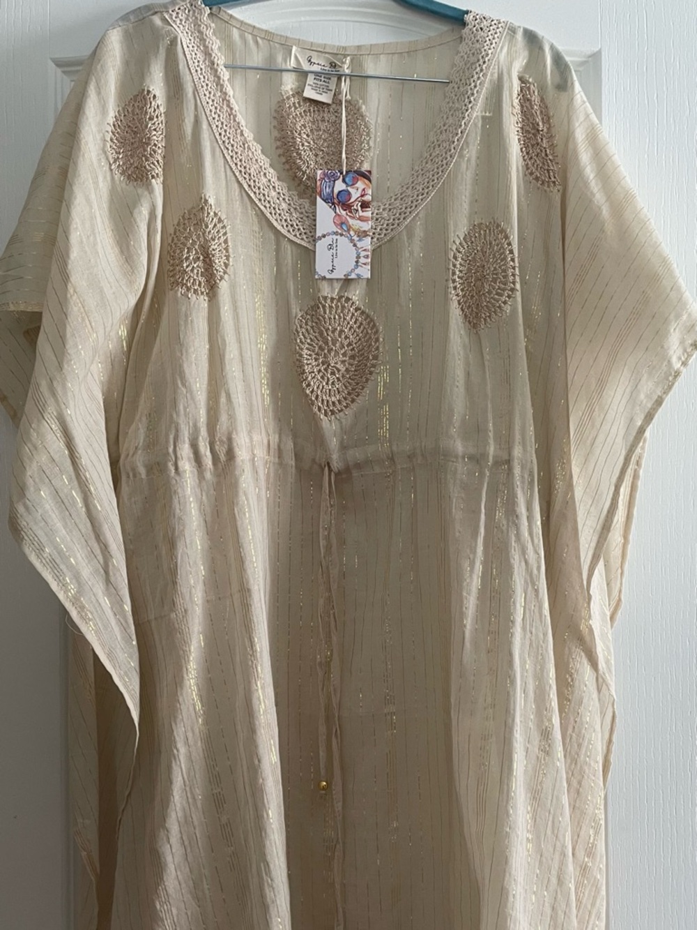 NWT 100% Cotton Embroidered  Swim Cover Up with Gold Lurex Accents by Gypsie Blu